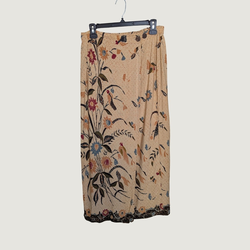 Chicos Vintage Cottagecore Batik Floral Bird Rayon Maxi Wrap Skirt Tan